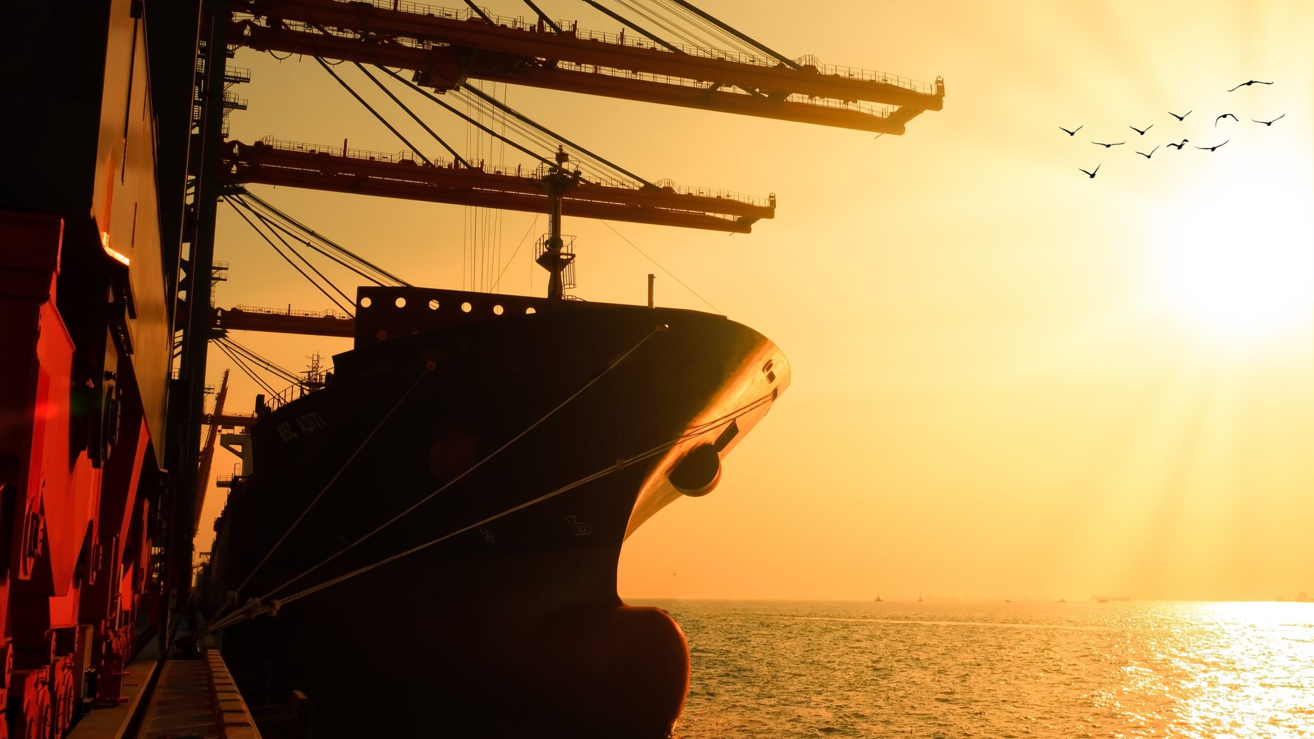 Berthed cargo ship at sunset
