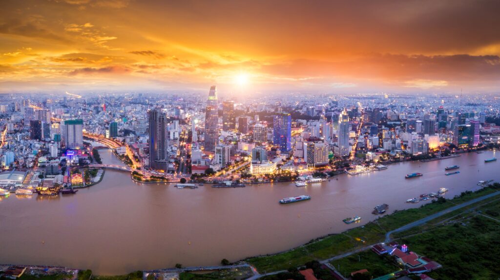 Aerial view of Ho Chi Minh City, Vietnam, at Sunset